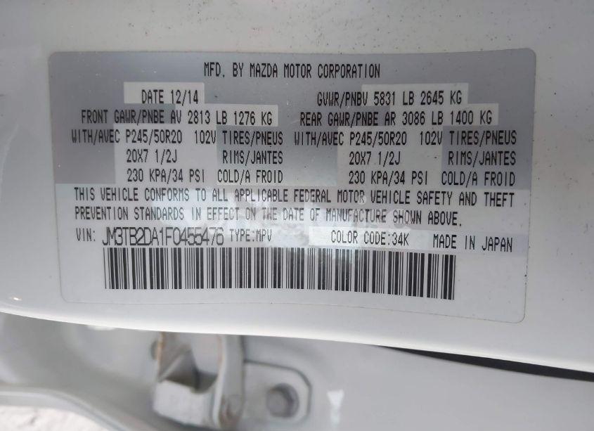 Photo 9 of 2015 Mazda Cx-9 GRAND TOURING (VIN JM3TB2DA1F0455476)