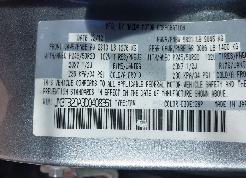 Photo 9 of 2013 Mazda Cx-9 GRAND TOURING (VIN JM3TB2DA3D0408351)