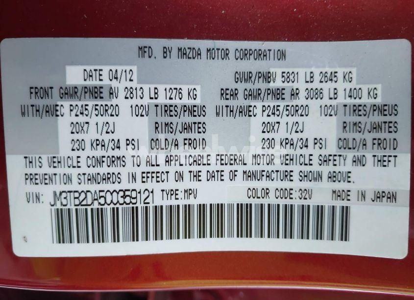 Photo 9 of 2012 Mazda Cx-9 GRAND TOURING (VIN JM3TB2DA5C0359121)