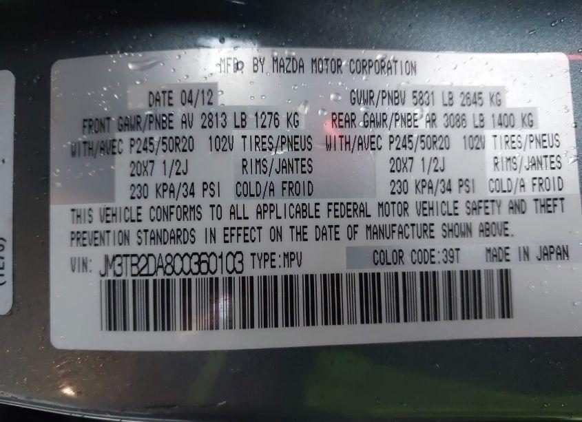 Photo 9 of 2012 Mazda Cx-9 GRAND TOURING (VIN JM3TB2DA8C0360103)