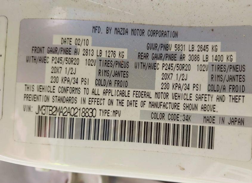 Photo 9 of 2010 Mazda Cx-9 GRAND TOURING (VIN JM3TB2MA2A0218830)