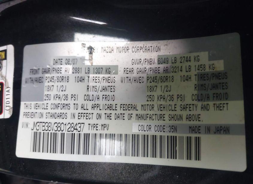 Photo 9 of 2008 Mazda Cx-9 SPORT (VIN JM3TB38V380128437)