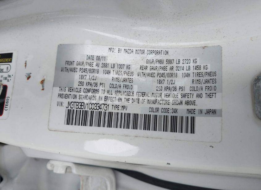 Photo 9 of 2012 Mazda Cx-9 SPORT (VIN JM3TB3BV1C0334731)