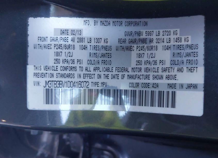 Photo 9 of 2013 Mazda Cx-9 SPORT (VIN JM3TB3BV1D0416072)