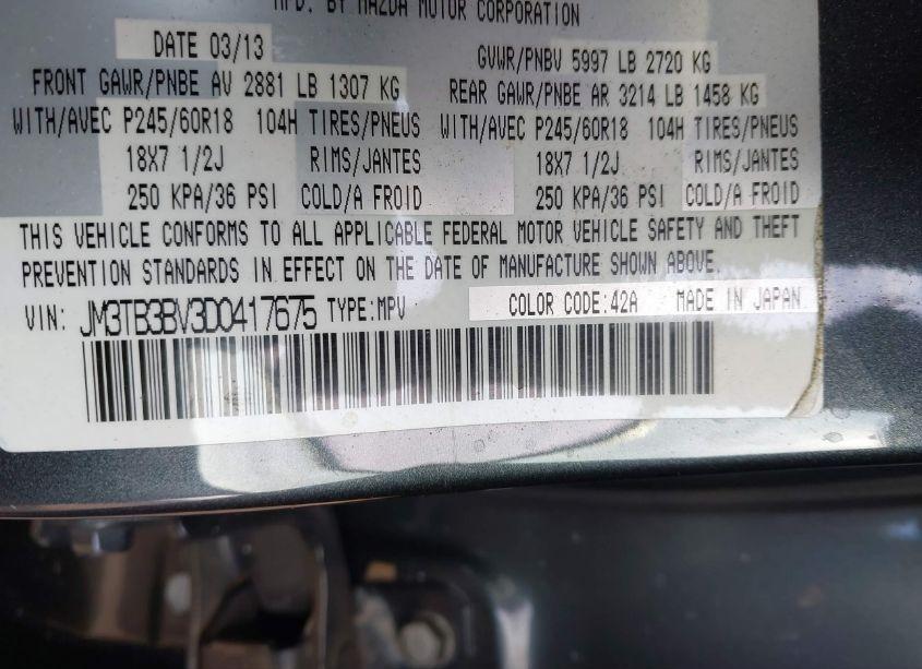 Photo 9 of 2013 Mazda Cx-9 SPORT (VIN JM3TB3BV3D0417675)