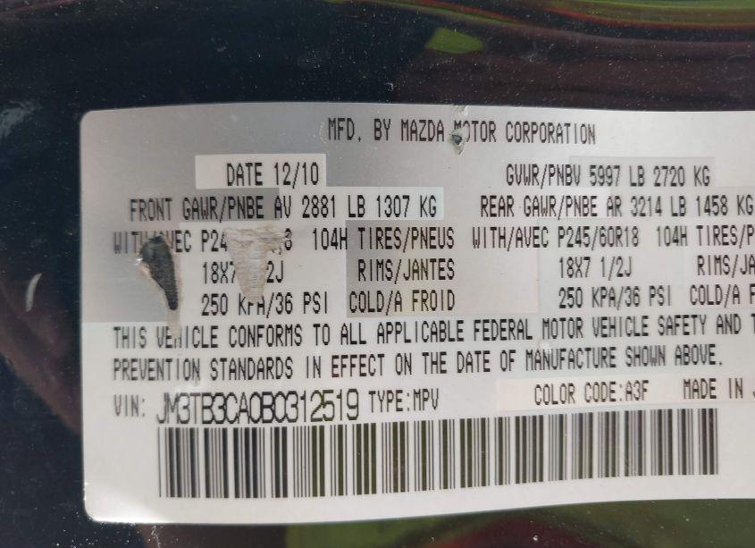 Photo 9 of 2011 Mazda Cx-9 TOURING (VIN JM3TB3CA0B0312519)