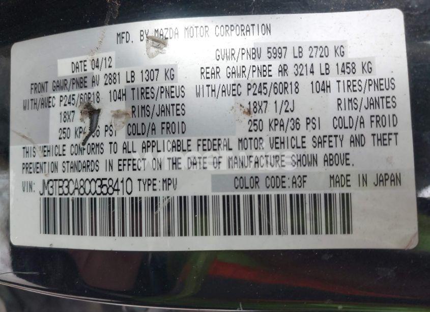 Photo 9 of 2012 Mazda Cx-9 TOURING (VIN JM3TB3CA8C0358410)