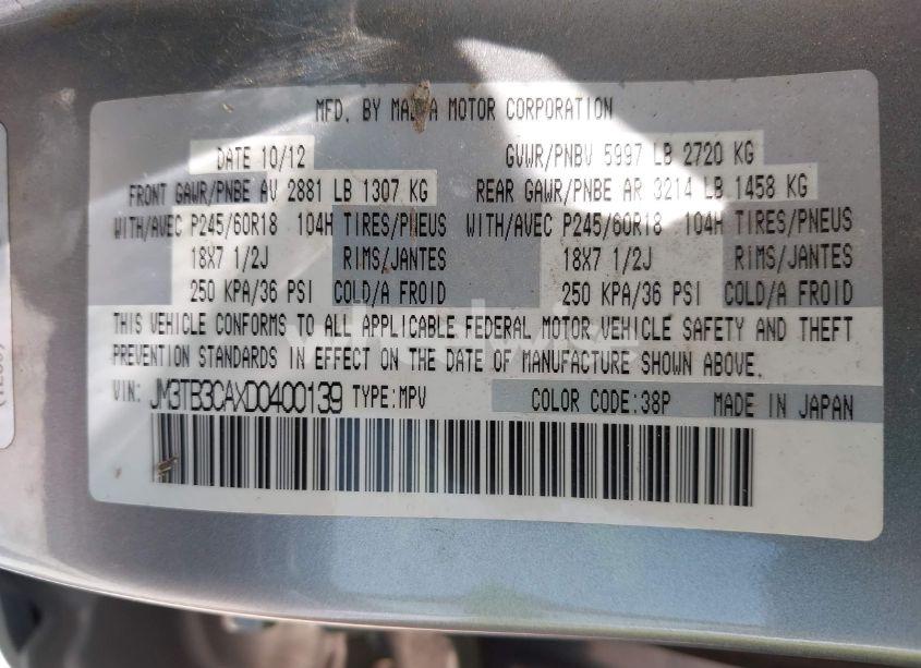 Photo 9 of 2013 Mazda Cx-9 TOURING (VIN JM3TB3CAXD0400139)