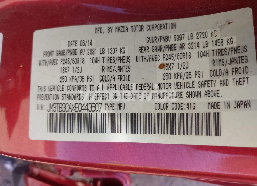 Photo 9 of 2014 Mazda Cx-9 TOURING (VIN JM3TB3CAXE0443607)