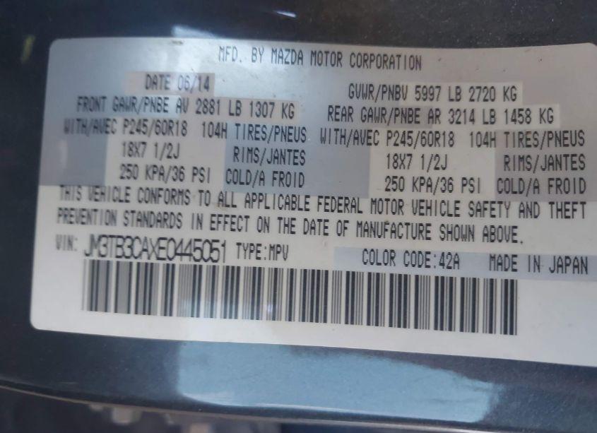 Photo 9 of 2014 Mazda Cx-9 TOURING (VIN JM3TB3CAXE0445051)