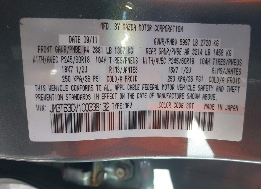 Photo 9 of 2012 Mazda Cx-9 TOURING (VIN JM3TB3CV1C0338132)