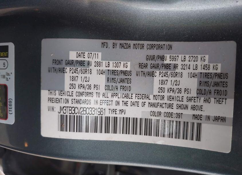 Photo 9 of 2011 Mazda Cx-9 TOURING (VIN JM3TB3CV2B0331981)