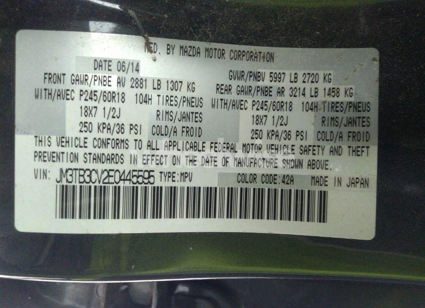 Photo 9 of 2014 Mazda Cx-9 TOURING (VIN JM3TB3CV2E0445595)