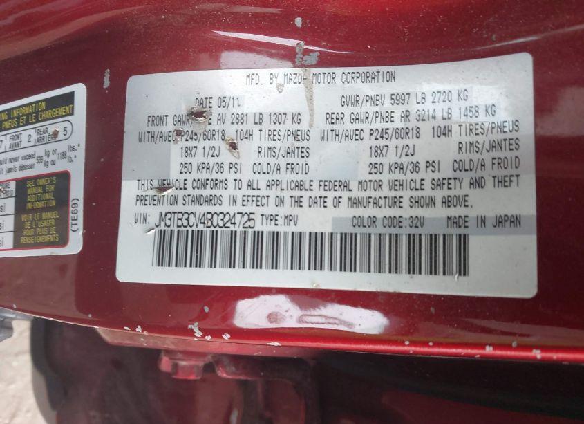 Photo 9 of 2011 Mazda Cx-9 TOURING (VIN JM3TB3CV4B0324725)