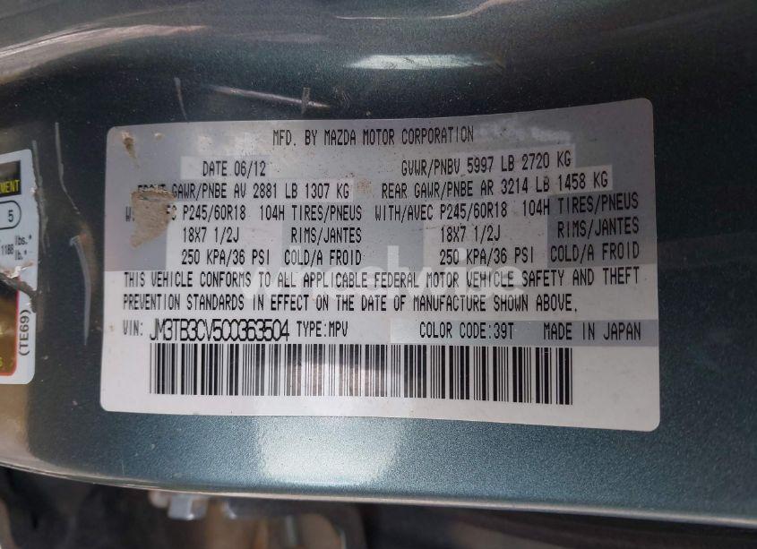 Photo 9 of 2012 Mazda Cx-9 TOURING (VIN JM3TB3CV5C0363504)