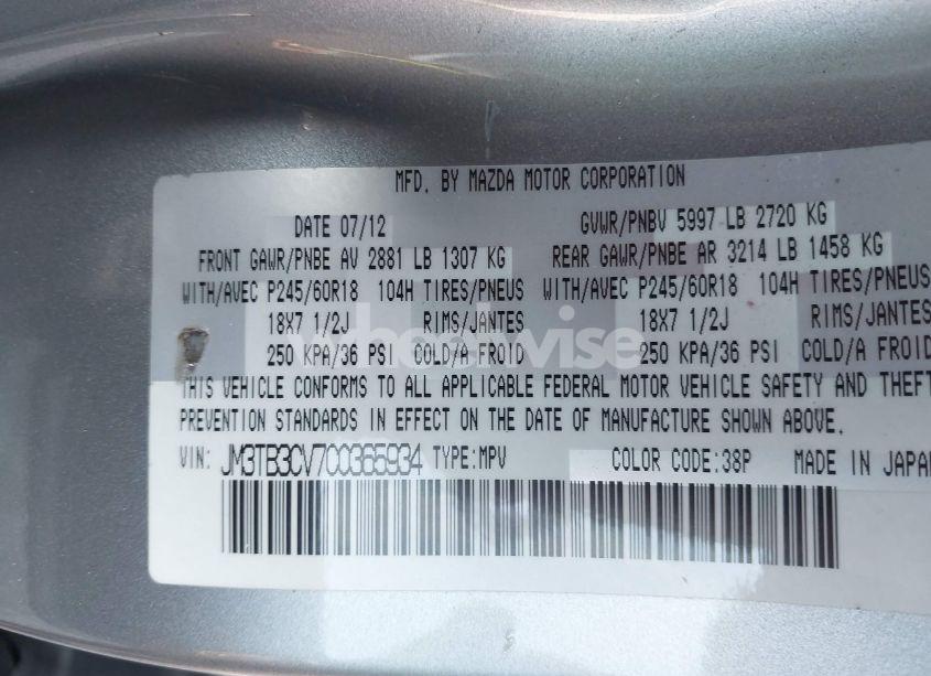 Photo 9 of 2012 Mazda Cx-9 TOURING (VIN JM3TB3CV7C0365934)