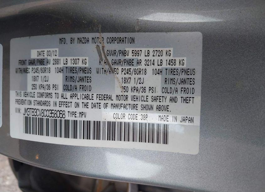 Photo 9 of 2012 Mazda Cx-9 TOURING (VIN JM3TB3CV8C0358068)