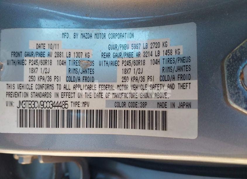 Photo 9 of 2012 Mazda Cx-9 TOURING (VIN JM3TB3CV9C0344485)