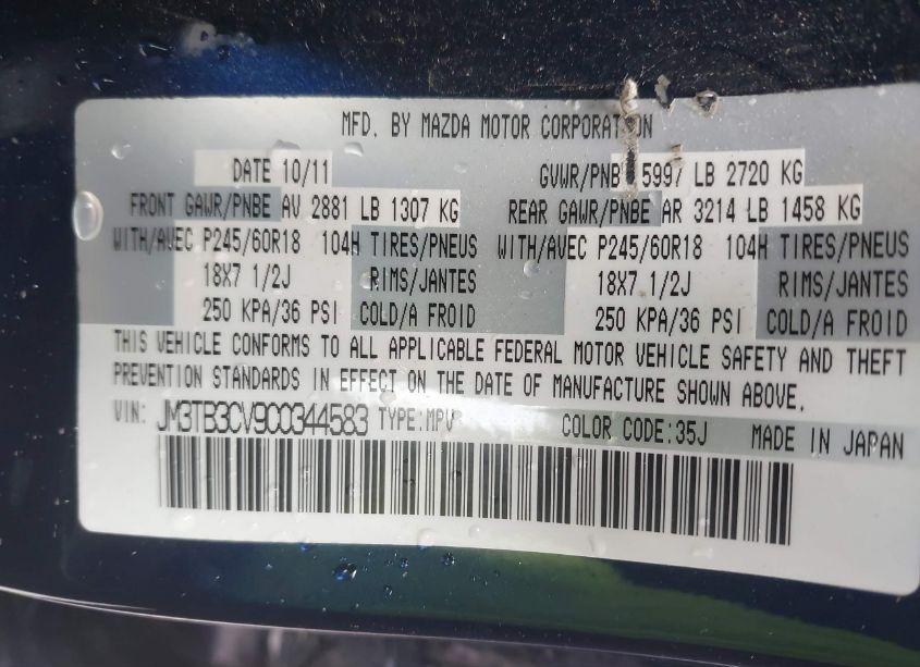 Photo 9 of 2012 Mazda Cx-9 TOURING (VIN JM3TB3CV9C0344583)