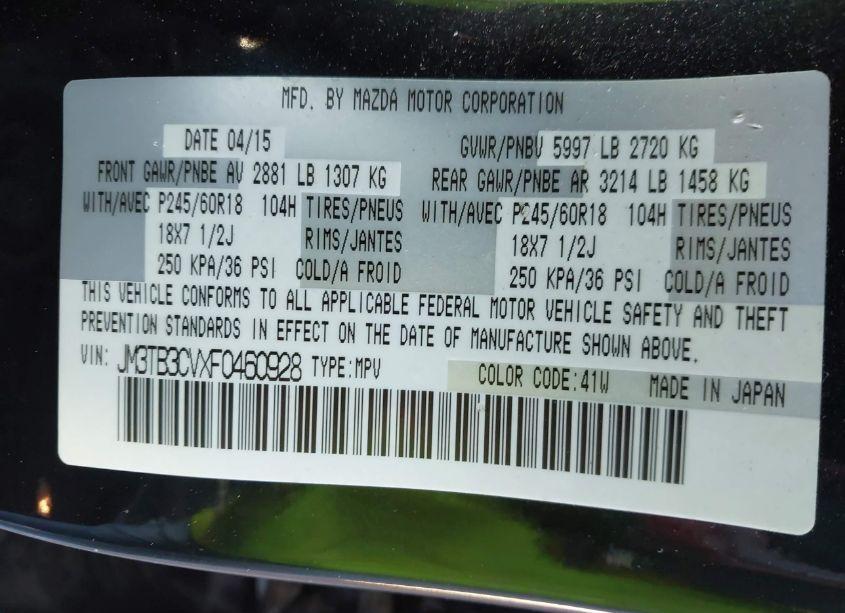 Photo 9 of 2015 Mazda Cx-9 TOURING (VIN JM3TB3CVXF0460928)