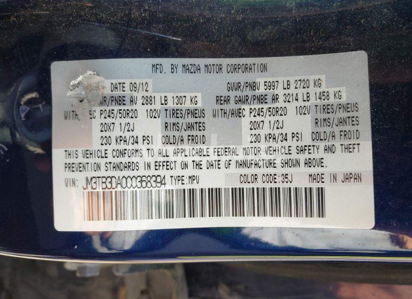 Photo 9 of 2012 Mazda Cx-9 GRAND TOURING (VIN JM3TB3DA0C0368394)