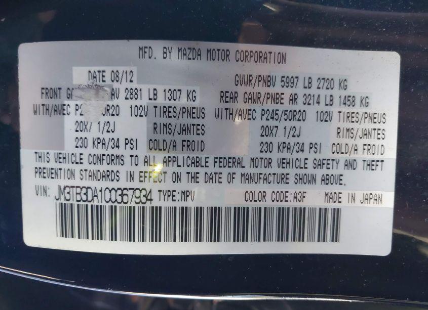 Photo 9 of 2012 Mazda Cx-9 GRAND TOURING (VIN JM3TB3DA1C0367934)