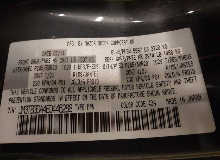 Photo 9 of 2014 Mazda Cx-9 GRAND TOURING (VIN JM3TB3DA4E0446288)