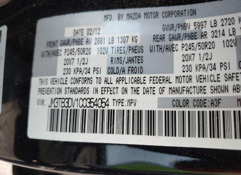 Photo 9 of 2012 Mazda Cx-9 GRAND TOURING (VIN JM3TB3DV1C0354054)