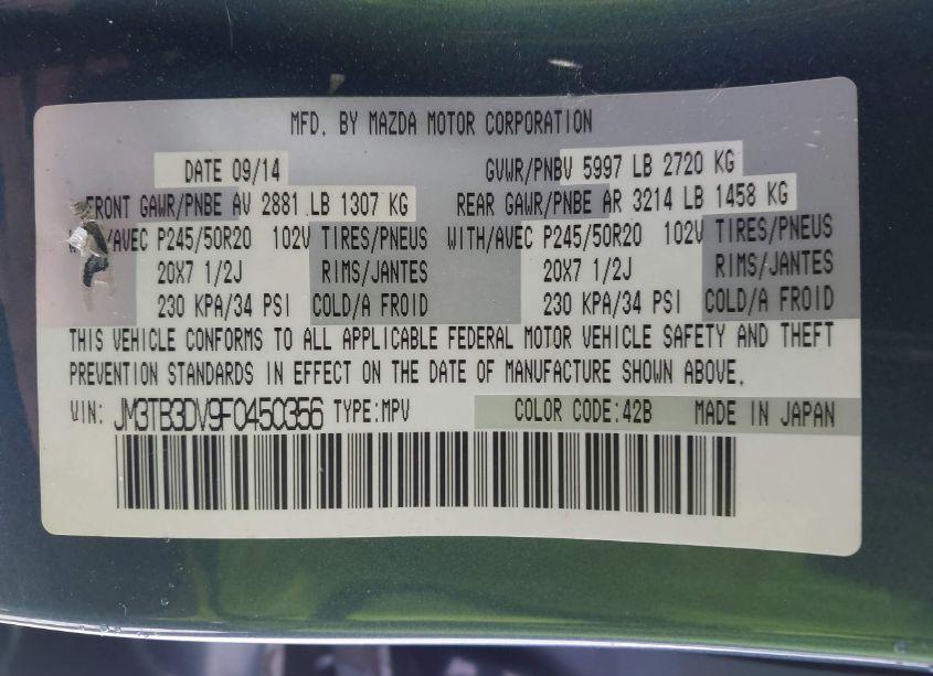 Photo 9 of 2015 Mazda Cx-9 GRAND TOURING (VIN JM3TB3DV9F0450356)