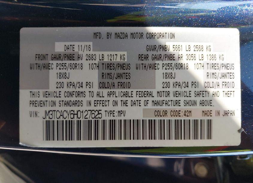 Photo 9 of 2017 Mazda Cx-9 TOURING (VIN JM3TCACY6H0127625)