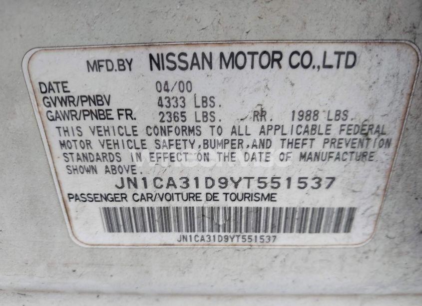 Photo 9 of 2000 Nissan Maxima GLE/GXE/SE (VIN JN1CA31D9YT551537)