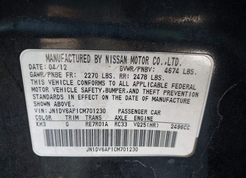 Photo 9 of 2012 Infiniti G25 JOURNEY (VIN JN1DV6AP1CM701230)