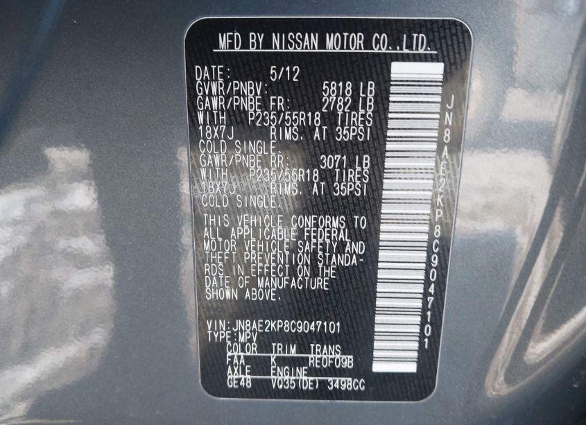 Photo 9 of 2012 Nissan Quest SL (VIN JN8AE2KP8C9047101)