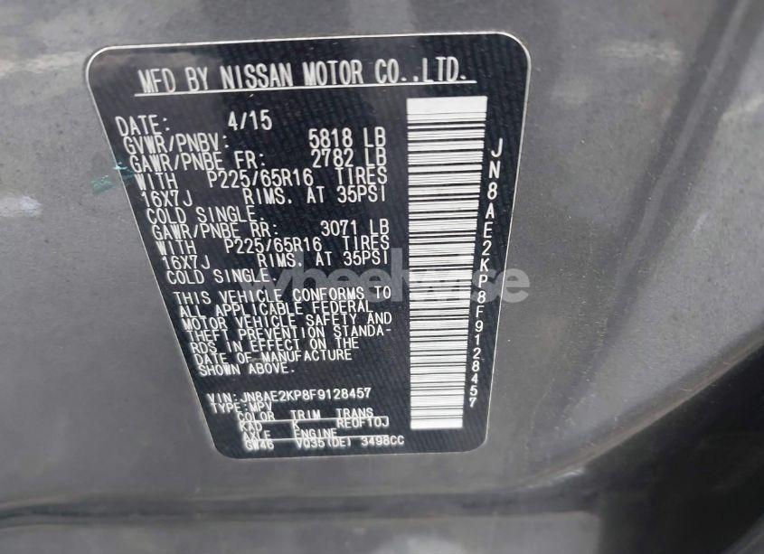 Photo 9 of 2015 Nissan Quest PLATINUM/S/SL/SV (VIN JN8AE2KP8F9128457)