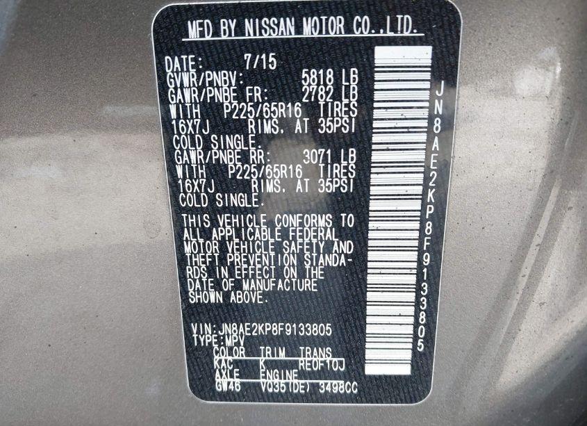 Photo 9 of 2015 Nissan Quest PLATINUM/S/SL/SV (VIN JN8AE2KP8F9133805)