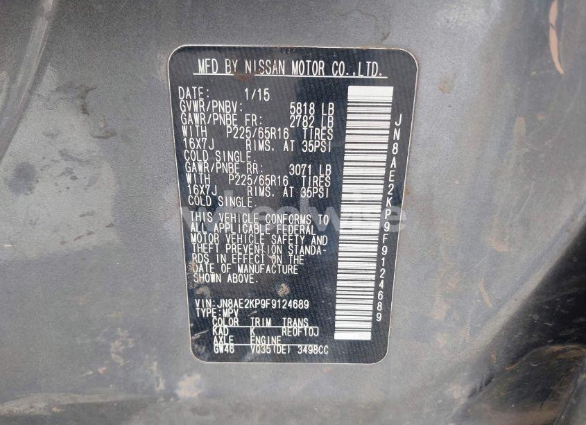 Photo 9 of 2015 Nissan Quest PLATINUM/S/SL/SV (VIN JN8AE2KP9F9124689)