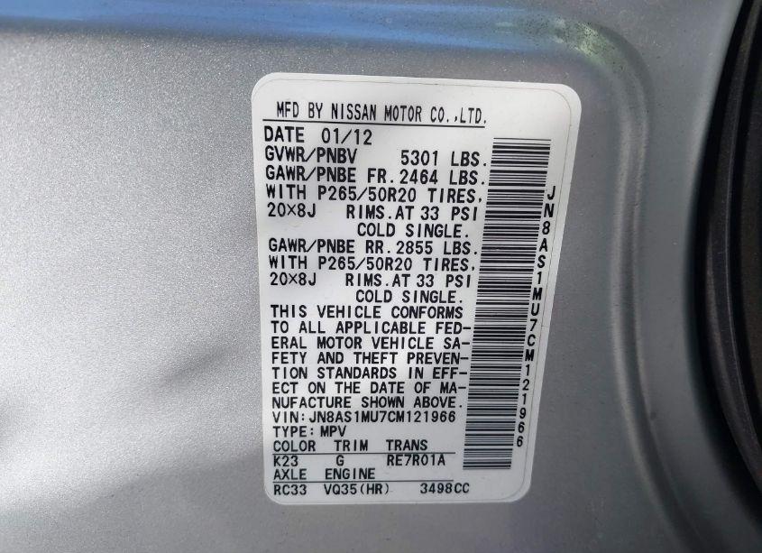 Photo 9 of 2012 Infiniti Fx35 (VIN JN8AS1MU7CM121966)