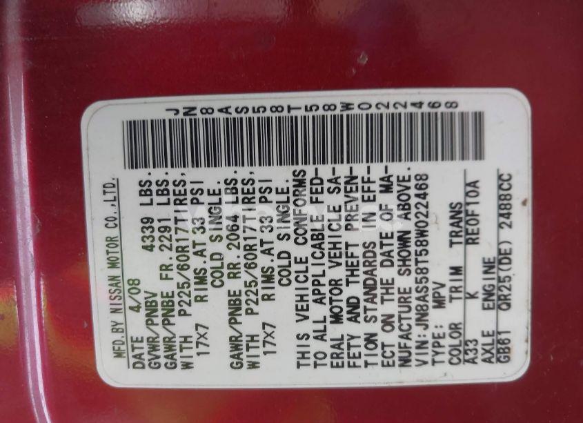 Photo 9 of 2008 Nissan Rogue SL (VIN JN8AS58T58W022468)