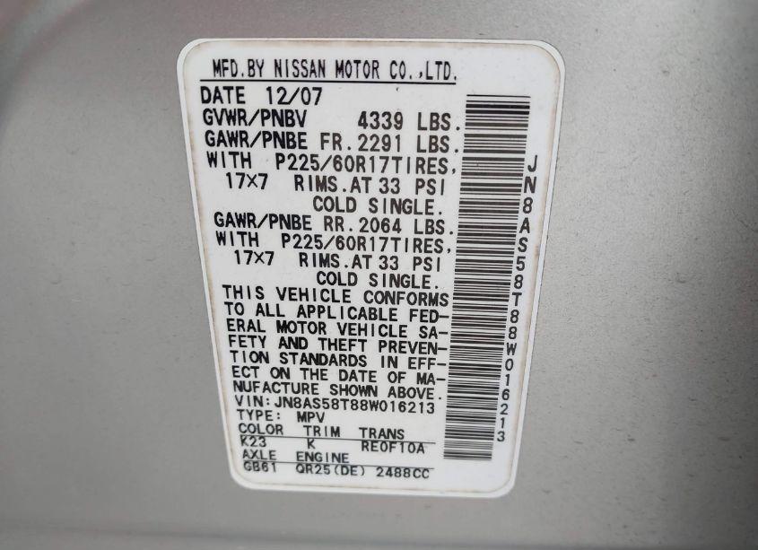 Photo 9 of 2008 Nissan Rogue SL (VIN JN8AS58T88W016213)