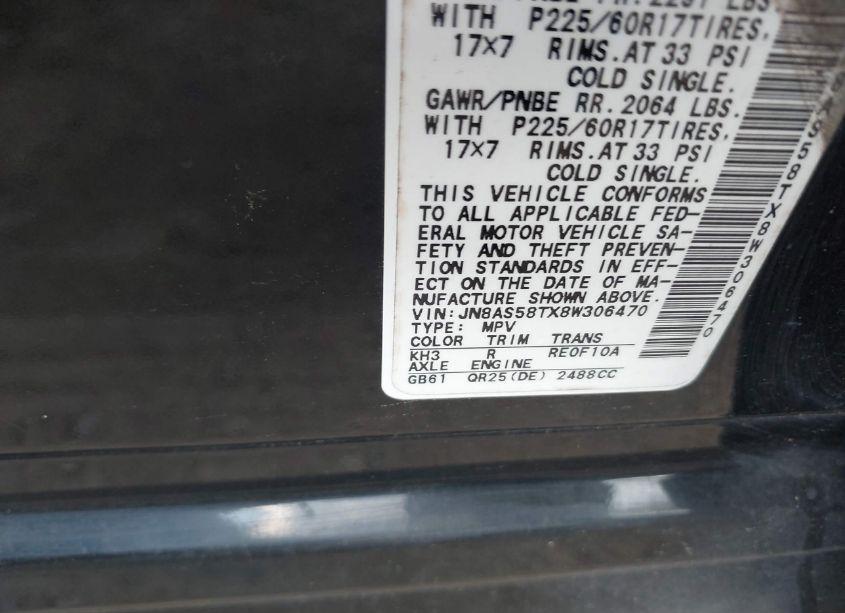 Photo 9 of 2008 Nissan Rogue SL (VIN JN8AS58TX8W306470)