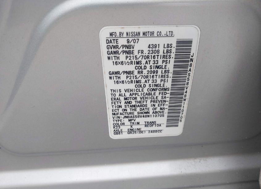 Photo 9 of 2008 Nissan Rogue S (VIN JN8AS58V48W110705)