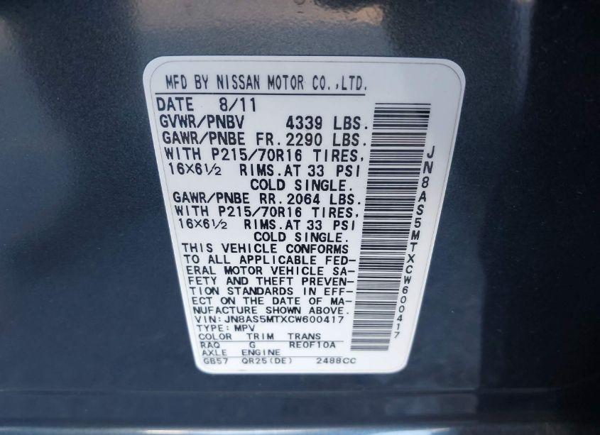 Photo 9 of 2012 Nissan Rogue S (VIN JN8AS5MTXCW600417)