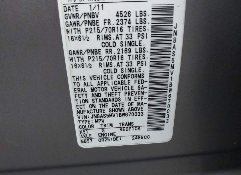 Photo 9 of 2011 Nissan Rogue S (VIN JN8AS5MV1BW670033)