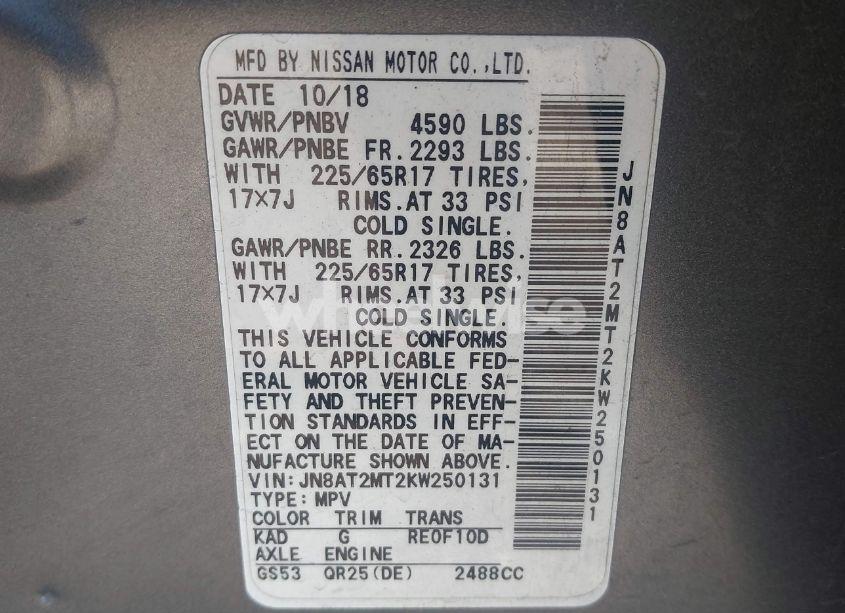 Photo 9 of 2019 Nissan Rogue SV (VIN JN8AT2MT2KW250131)