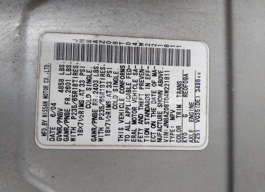 Photo 8 of 2004 Nissan Murano SL (VIN JN8AZ08T04W221811)