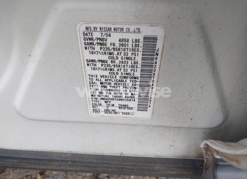 Photo 8 of 2004 Nissan Murano SL (VIN JN8AZ08T04W225874)