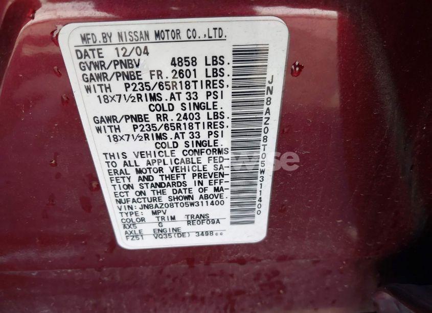 Photo 9 of 2005 Nissan Murano S (VIN JN8AZ08T05W311400)