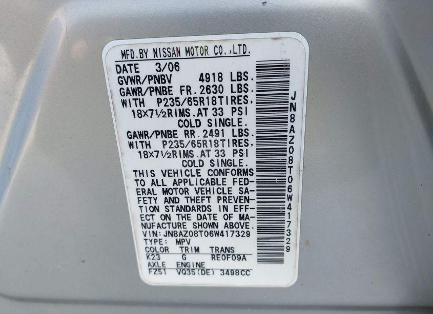 Photo 8 of 2006 Nissan Murano SL (VIN JN8AZ08T06W417329)