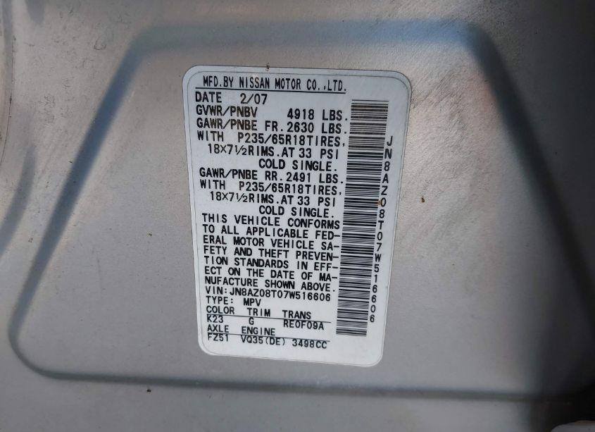 Photo 6 of 2007 Nissan Murano SL (VIN JN8AZ08T07W516606)