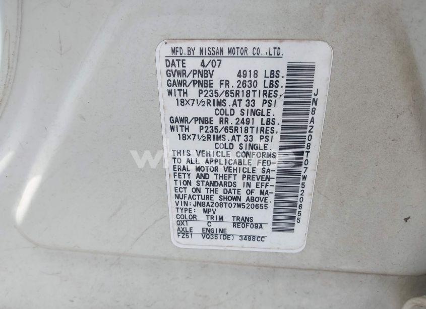 Photo 9 of 2007 Nissan Murano SL (VIN JN8AZ08T07W520655)